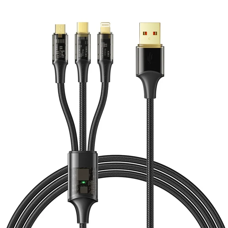 MCDODO CA-3330 MDD for iPhone 15 Series 1.2m 3-in-1 100W Transparent Fast Charging Cable Lightning+Micro USB+Type-C Data Cord - Black