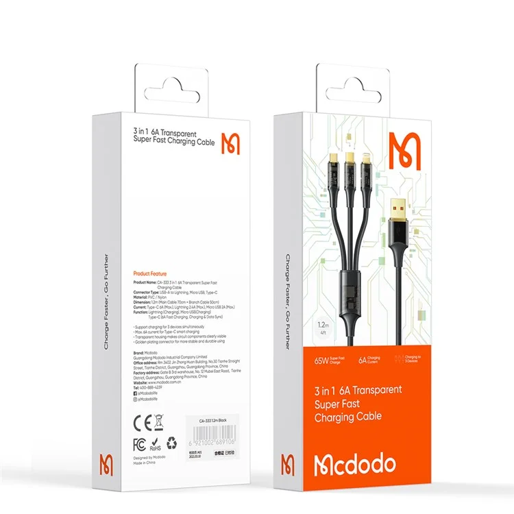 MCDODO CA-3330 MDD for iPhone 15 Series 1.2m 3-in-1 100W Transparent Fast Charging Cable Lightning+Micro USB+Type-C Data Cord - Black