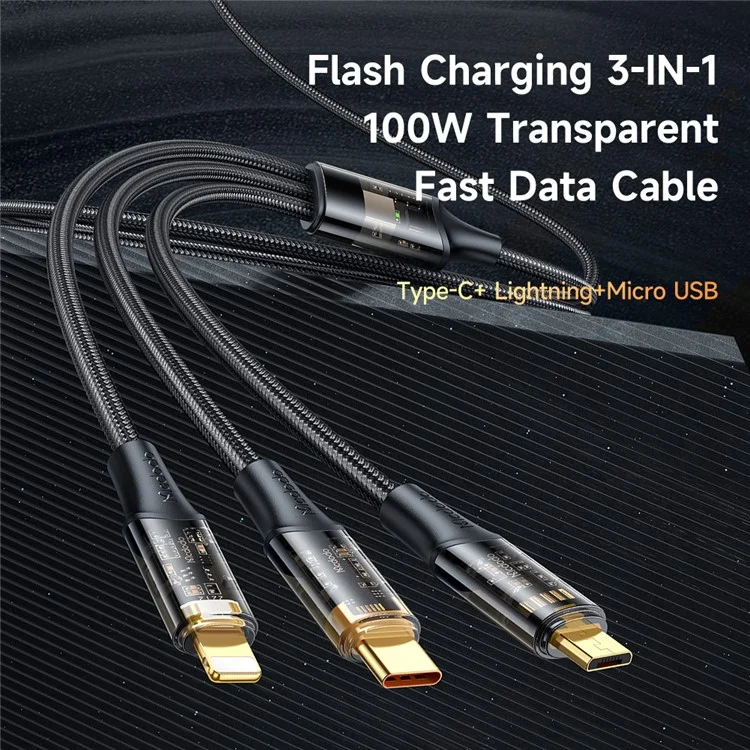 MCDODO CA-3330 MDD for iPhone 15 Series 1.2m 3-in-1 100W Transparent Fast Charging Cable Lightning+Micro USB+Type-C Data Cord - Black
