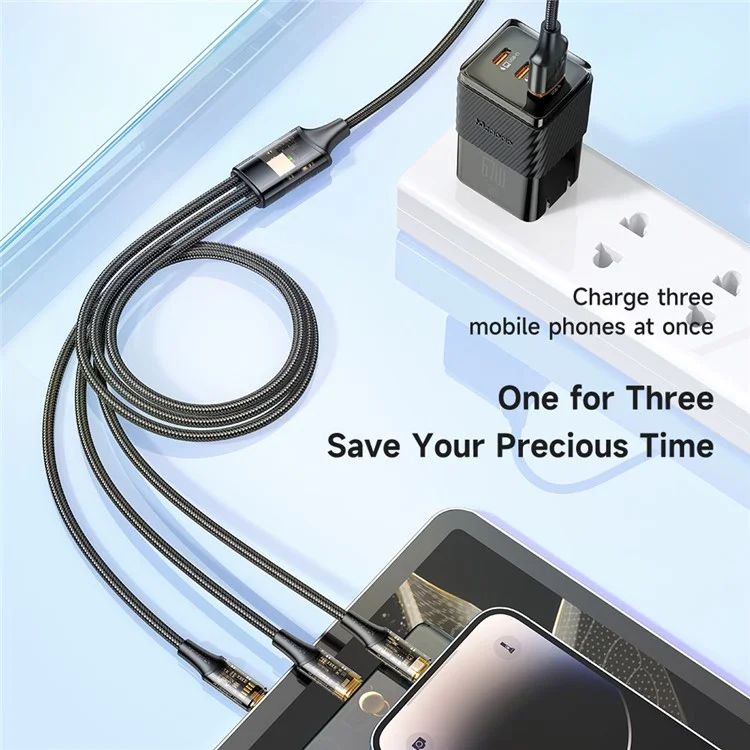 MCDODO CA-3330 MDD for iPhone 15 Series 1.2m 3-in-1 100W Transparent Fast Charging Cable Lightning+Micro USB+Type-C Data Cord - Black