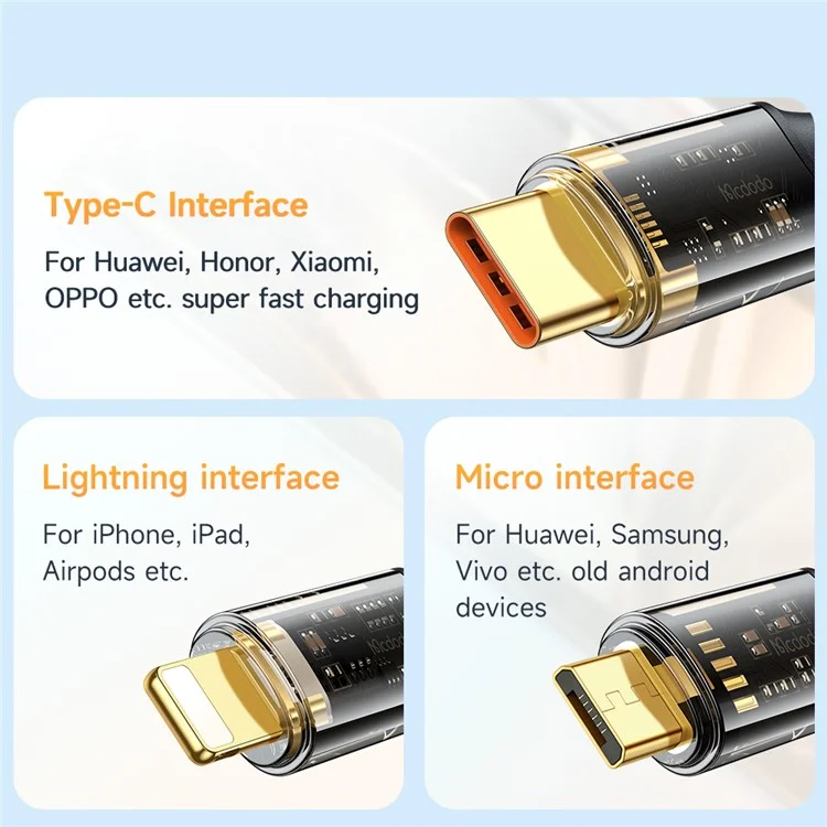 MCDODO CA-3330 MDD for iPhone 15 Series 1.2m 3-in-1 100W Transparent Fast Charging Cable Lightning+Micro USB+Type-C Data Cord - Black