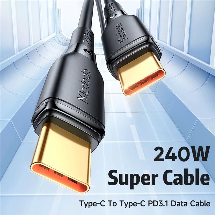 MCDODO CA-3310 MDD pour iPhone Série 15 Câble de transmission de données de 1,2 m Type-C Design plaqué or USB-C PD 240W Chargement rapide Cordon - Noir