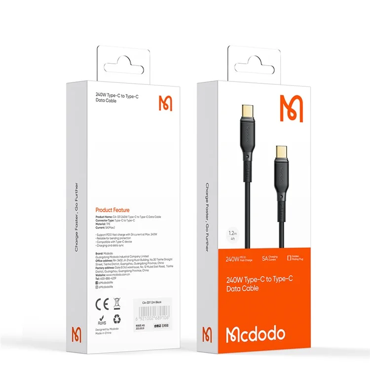 MCDODO CA-3310 MDD pour iPhone Série 15 Câble de transmission de données de 1,2 m Type-C Design plaqué or USB-C PD 240W Chargement rapide Cordon - Noir