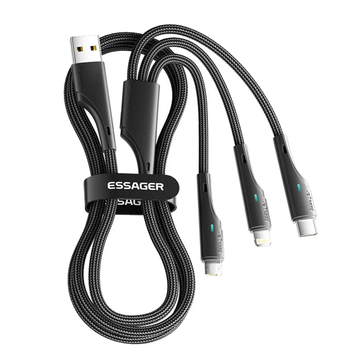 ESSAGER 1,2m Cavo di Ricarica 3-in-1 3A USB a Ip, Micro USB, Type-C, per iPhone, iPad Cavo Dati