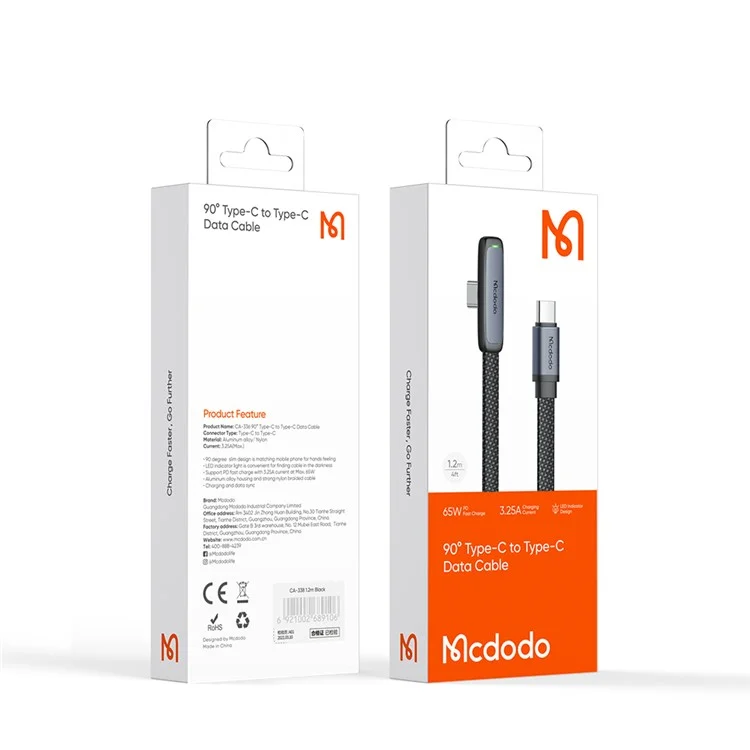 Mcdodo CA-3360 MDD 1,2m Tipo-c Tipo-c 3.25A PD65W Cabo de Carregamento Rápido de 90 Graus Cordão de Dados - Preto