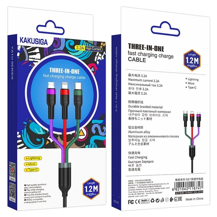 KAKUSIGA KSC-481 Yatu Series 1.2m 3-in-1 USB-A to Lightning+Type-C+Micro Fast Charging Cable 3.2A Data Cord