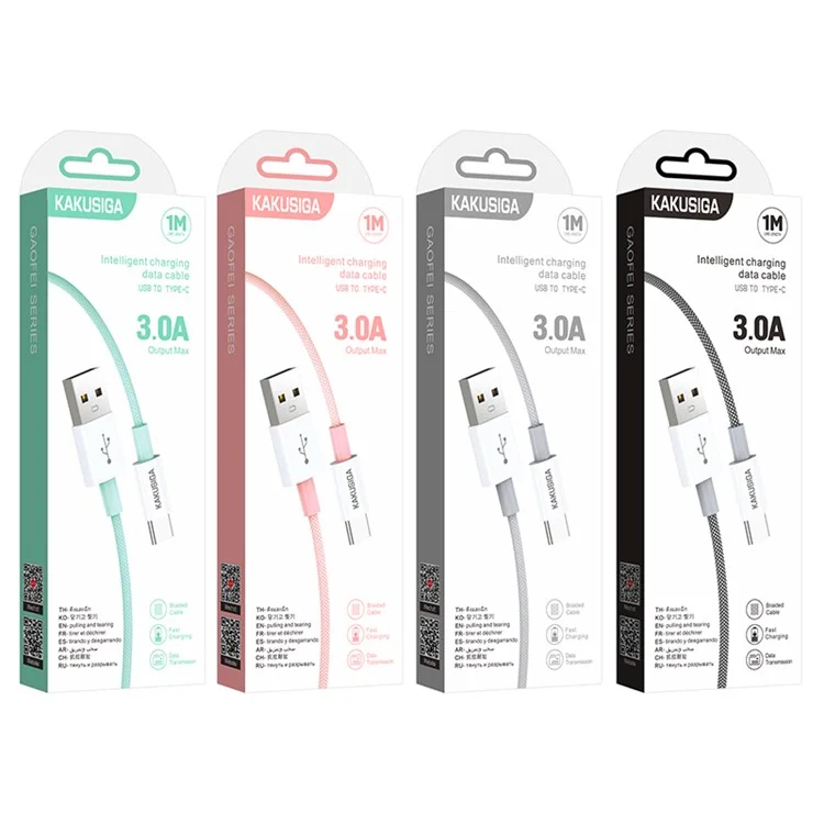 Kakusiga KSC-723 1m Gaofei Series USB a Type-C Smart Charging Data Cable 3A Nylon Incessed Cable - Nero