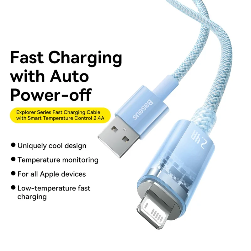 BASEUS Explorer Series 1m Charging Cable USB to iP 2.4A Fast Charging Data Sync Cord with Smart Temperature Control - Blue