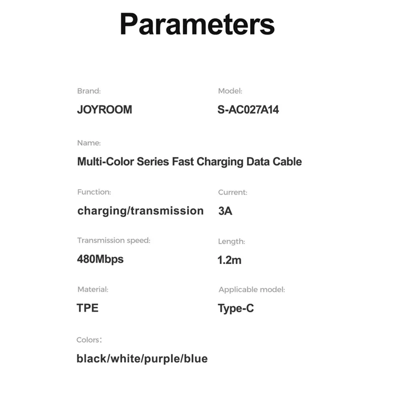 Cabo de Dados JOYROOM S-AC027A14, Série Multicor para iPhone 16-15, 1,2 m, 3 A, USB-A para Tipo-C, Cabo de Carregamento Rápido em TPE - Preto