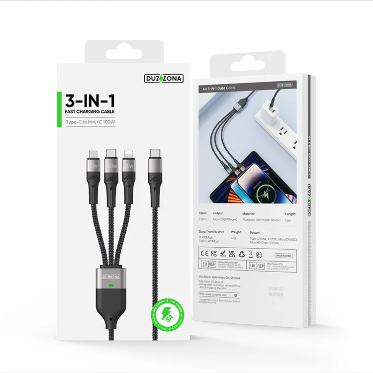 DUZZONA A4 for iPhone 16-15 Series 100W 3-in-1 5A Fast Charging Cable USB-C to USB-C+Lightning+Micro USB Cord (CE / FCC / UKCA / ROHS Certificate)