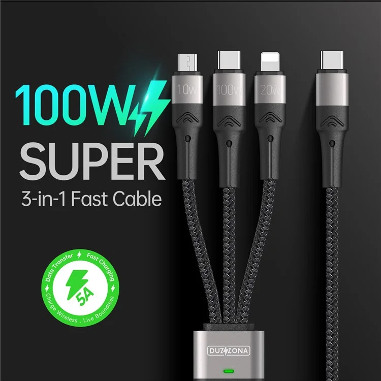 DUZZONA A4 for iPhone 16-15 Series 100W 3-in-1 5A Fast Charging Cable USB-C to USB-C+Lightning+Micro USB Cord (CE / FCC / UKCA / ROHS Certificate)