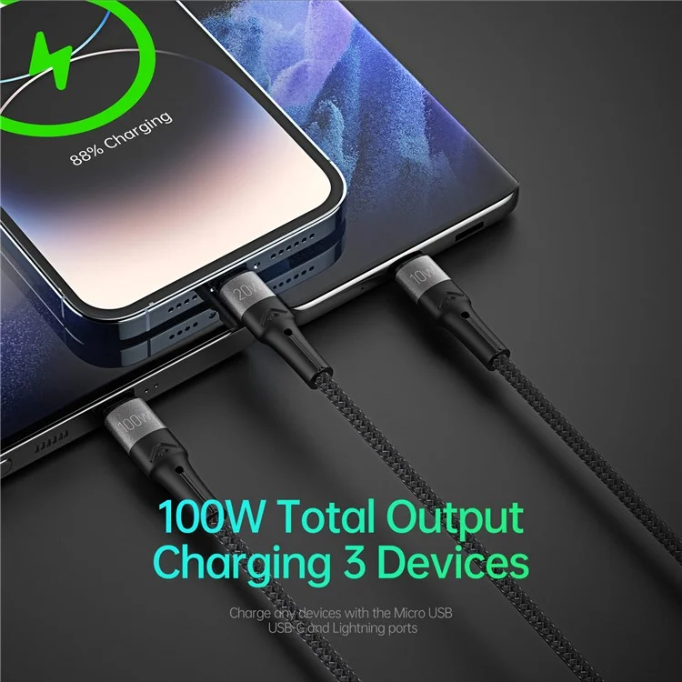 DUZZONA A4 for iPhone 16-15 Series 100W 3-in-1 5A Fast Charging Cable USB-C to USB-C+Lightning+Micro USB Cord (CE / FCC / UKCA / ROHS Certificate)