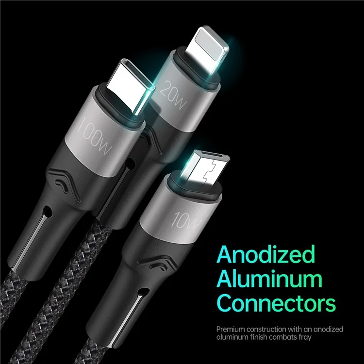 DUZZONA A4 for iPhone 16-15 Series 100W 3-in-1 5A Fast Charging Cable USB-C to USB-C+Lightning+Micro USB Cord (CE / FCC / UKCA / ROHS Certificate)