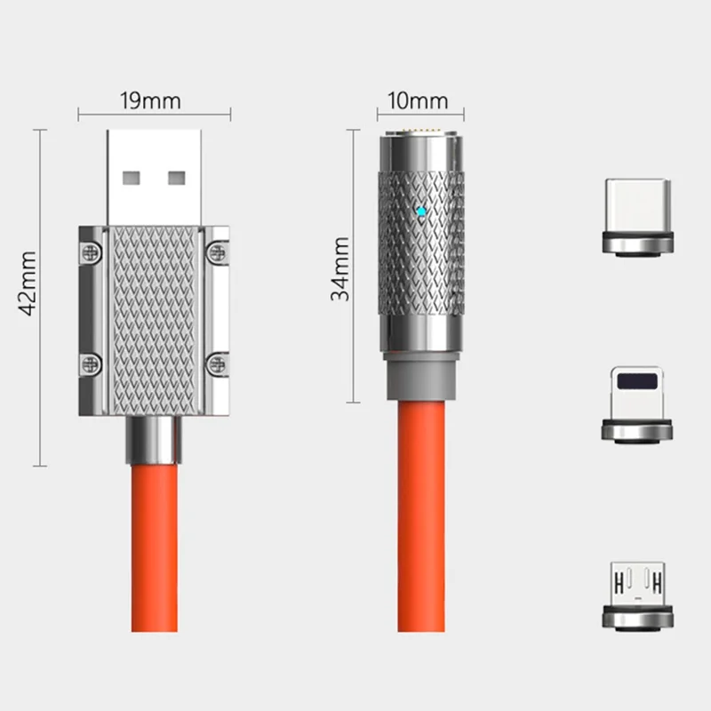 2m 3-in-1 Magnetic Charging Cable PD 100W Fast Charger Sync Data Cord for iPhone / USB / Type-C (NO CE Certificated) - Orange