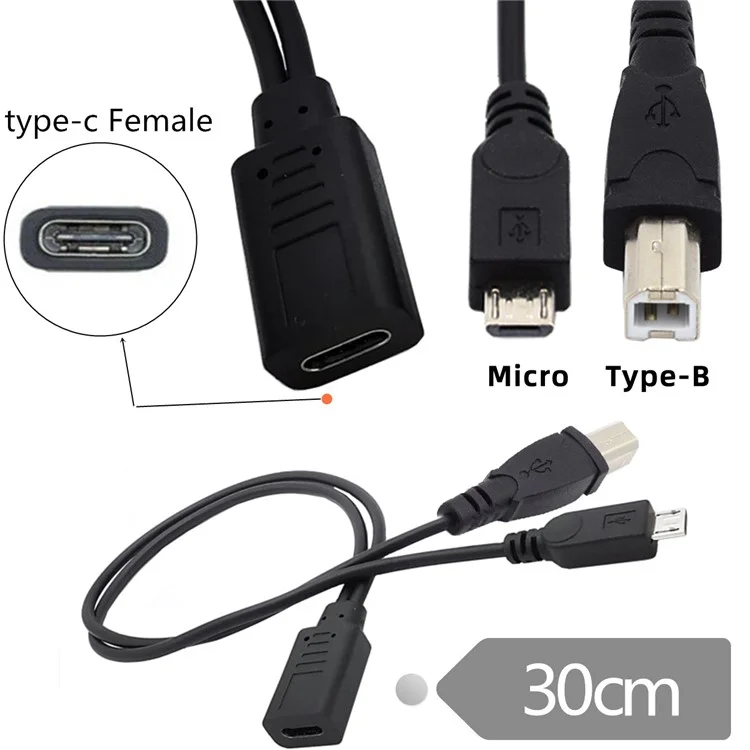 U2-069-TC002 Type-C Female to USB2.0 Standard Type-B + Micro USB Male Splitter Cable Extension Charging Cord