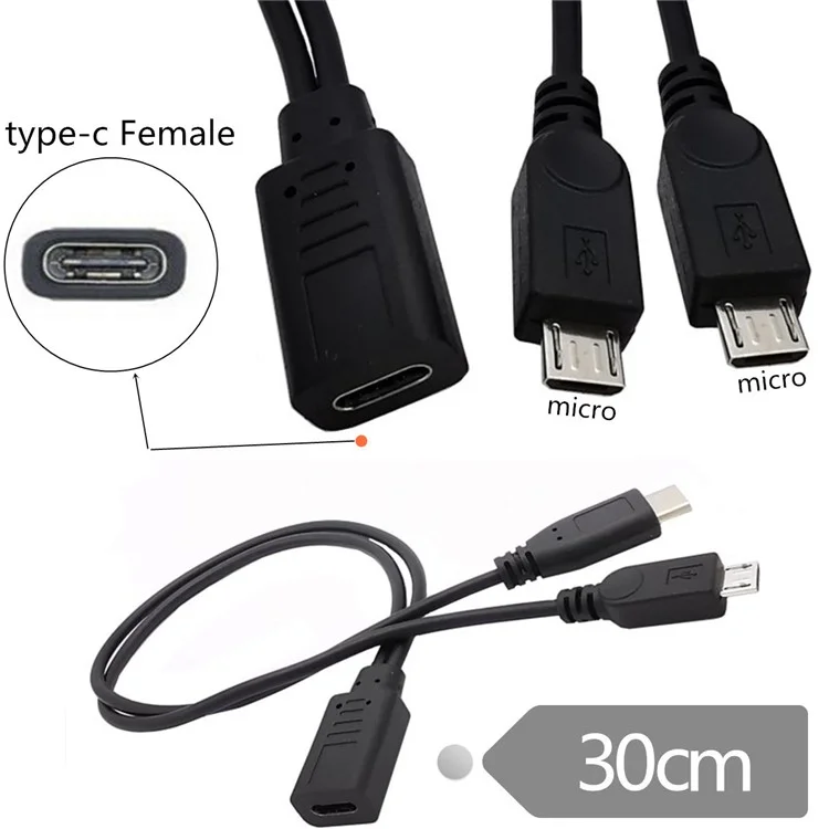 U2-069-TC003 Type-C Female DC 5V to Dual Micro USB 5Pin Male Splitter Extension Charge Cable