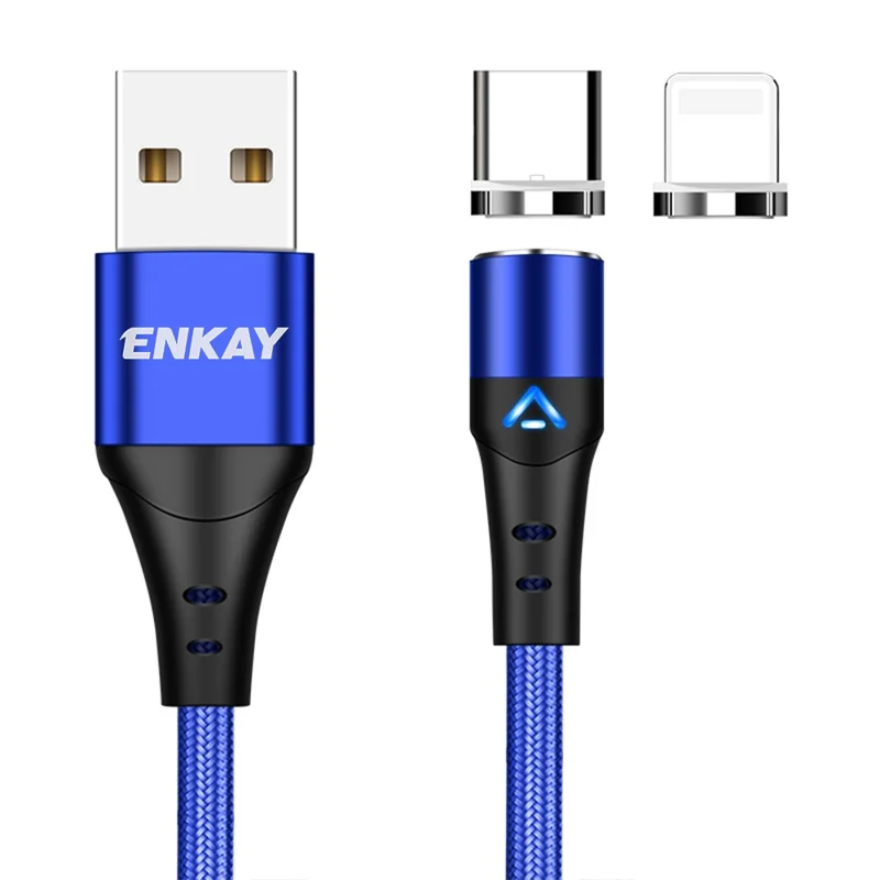 ENKAY HAT PRINCE 1m Magnetic 3A Fast Charging Cable 2-in-1 USB to 8-Pin + Type-C Data Cord - Blue