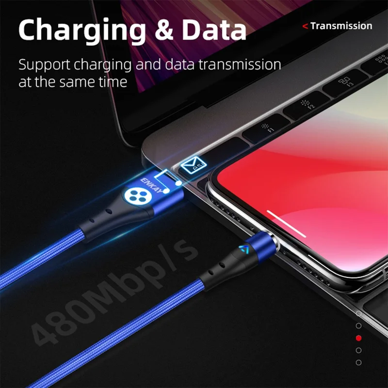 ENKAY HAT PRINCE 1m Magnetic 3A Fast Charging Cable 2-in-1 USB to 8-Pin + Type-C Data Cord - Blue