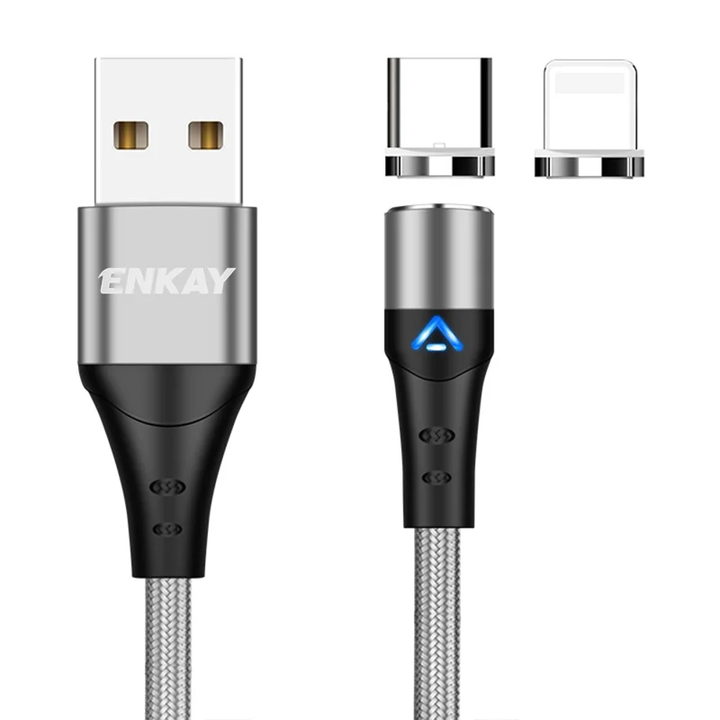 ENKAY HAT PRINCE 2m Magnetic Charging Cable 2-in-1 3A Fast Charging USB to 8-Pin + Type-C Data Cord - Silver