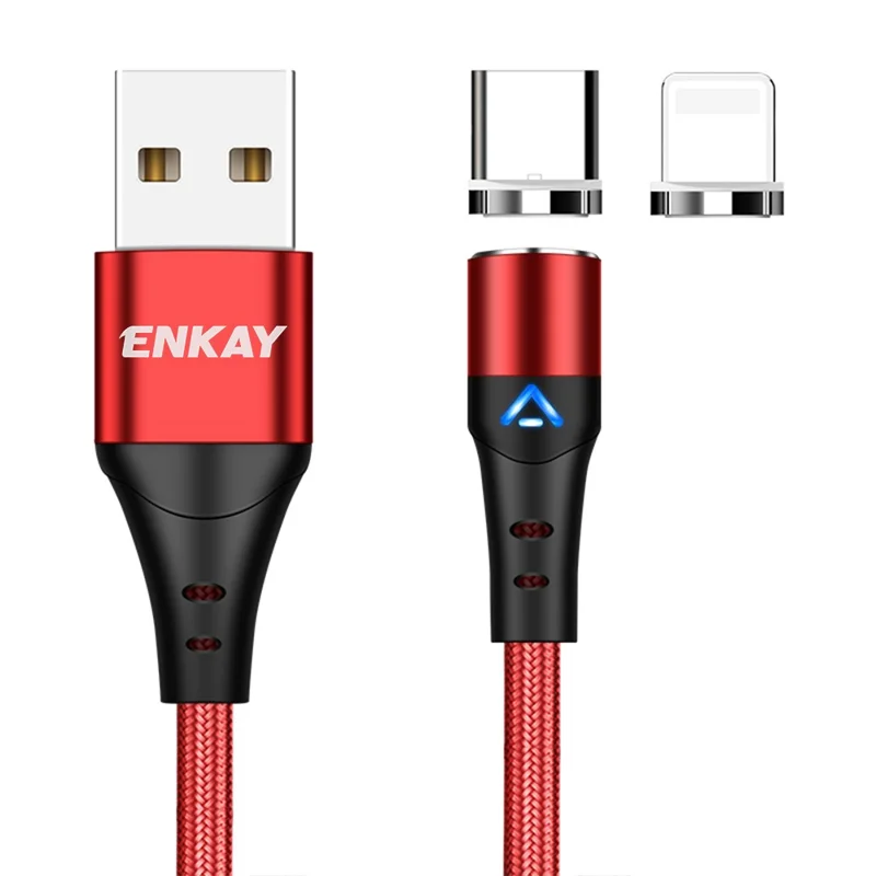 ENKAY HAT PRINCE 2m Magnetic Charging Cable 2-in-1 3A Fast Charging USB to 8-Pin + Type-C Data Cord - Red