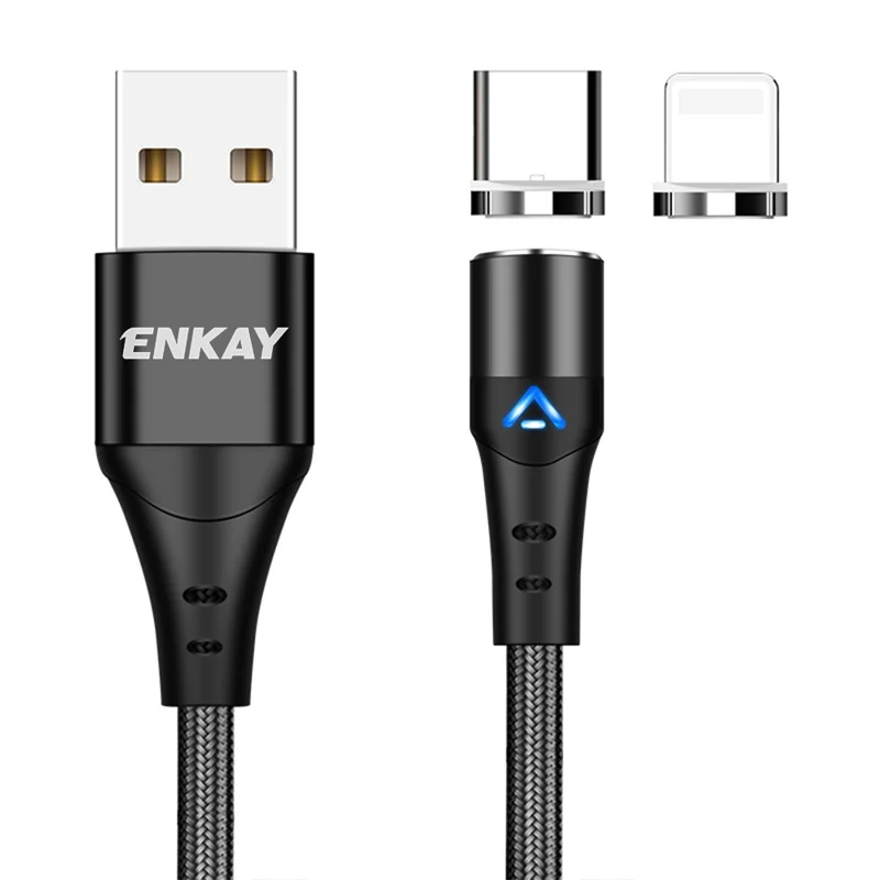 ENKAY HAT PRINCE 2m Magnetic Charging Cable 2-in-1 3A Fast Charging USB to 8-Pin + Type-C Data Cord - Black