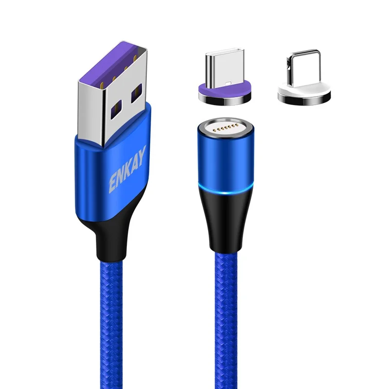 ENKAY HAT PRINCE 1m 5A Fast Charging Magnetic Data Cable 2-in-1 USB to 8-Pin + Type-C Cord - Blue