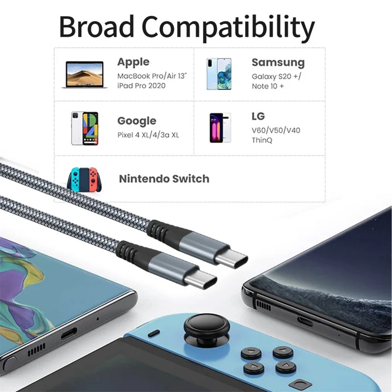 Voor iPhone 15-serie 3 meter Type-C naar Type-C PD 60W oplaadkabel, met nylon omhulsel USB 2.0 datakabel voor smartphones, tablets en laptops - Grijs