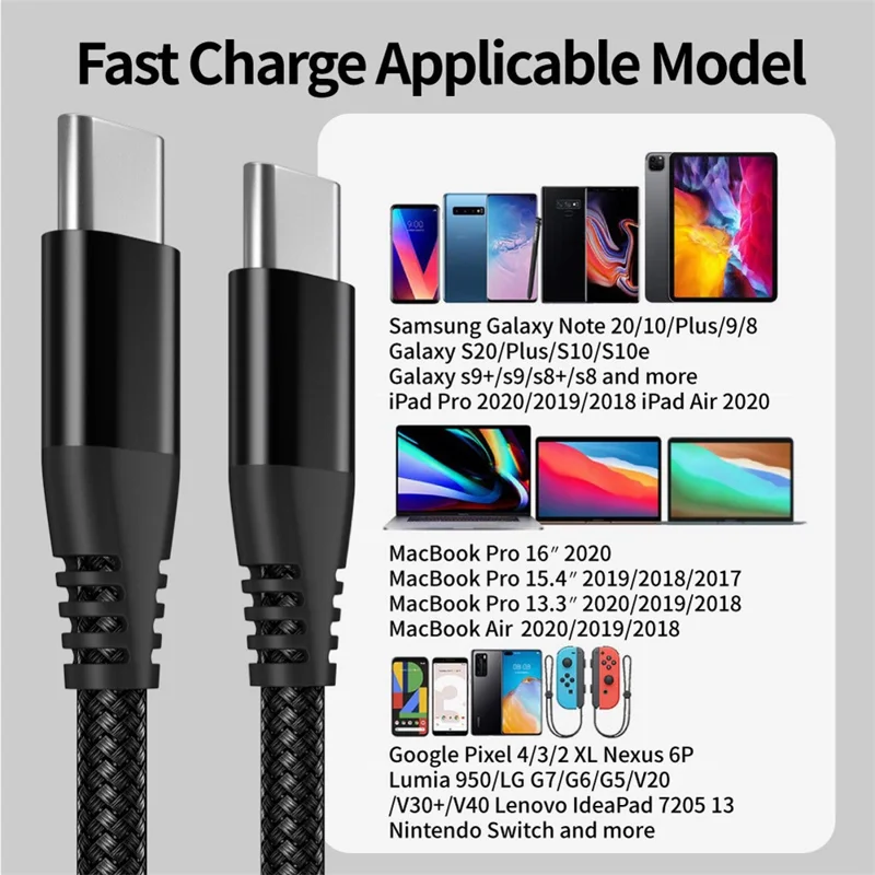 For iPhone 15 Series 2m Type-C to Type-C PD 60W Charging Cord Nylon Braided USB2.0 Charging Data Cable for Cell Phones, Tablets, Laptops - Black