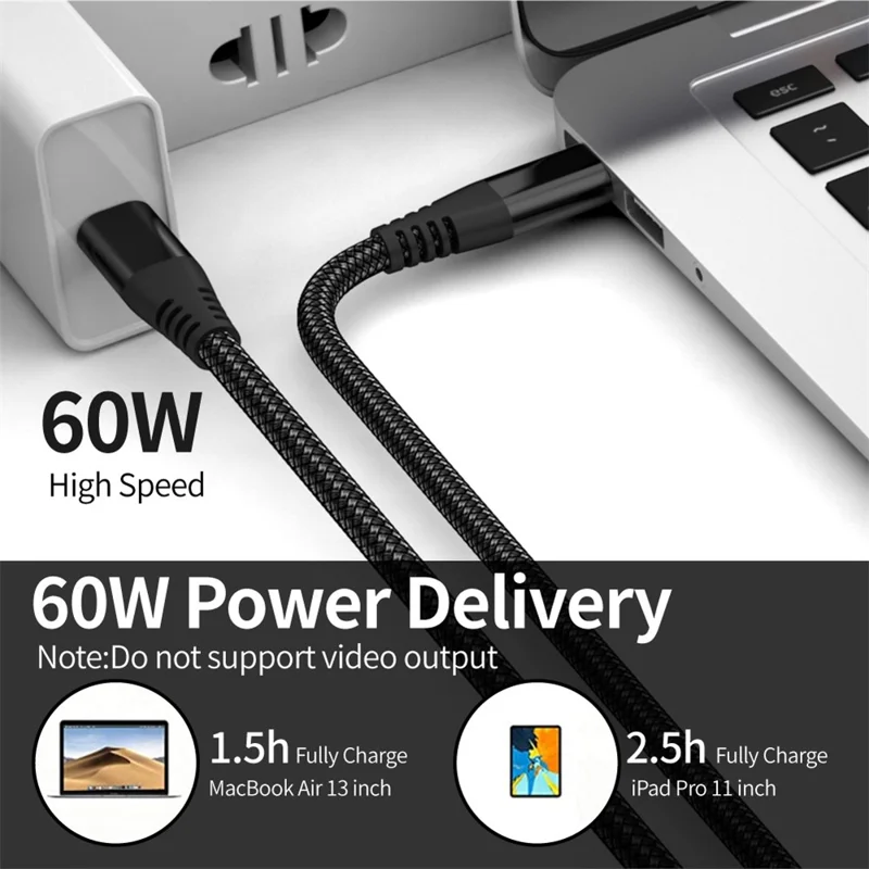 For iPhone 15 Series 2m Type-C to Type-C PD 60W Charging Cord Nylon Braided USB2.0 Charging Data Cable for Cell Phones, Tablets, Laptops - Black