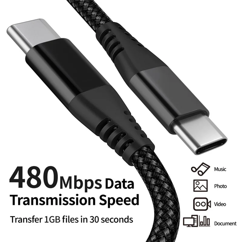 For iPhone 15 Series 2m Type-C to Type-C PD 60W Charging Cord Nylon Braided USB2.0 Charging Data Cable for Cell Phones, Tablets, Laptops - Black