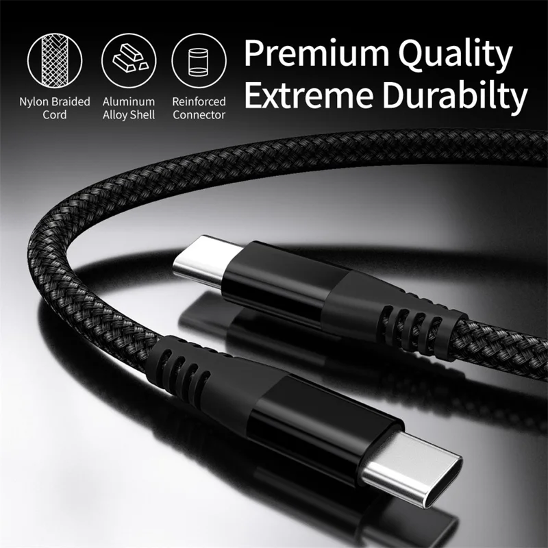 For iPhone 15 Series 2m Type-C to Type-C PD 60W Charging Cord Nylon Braided USB2.0 Charging Data Cable for Cell Phones, Tablets, Laptops - Black