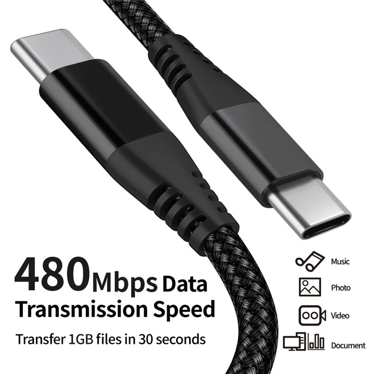 Per iPhone 15 Series 1m Nylon Braided PD 60W Charging Cable Type-C to Type-C USB2.0 Data Cable per cellulari, tablet, laptop - Nero