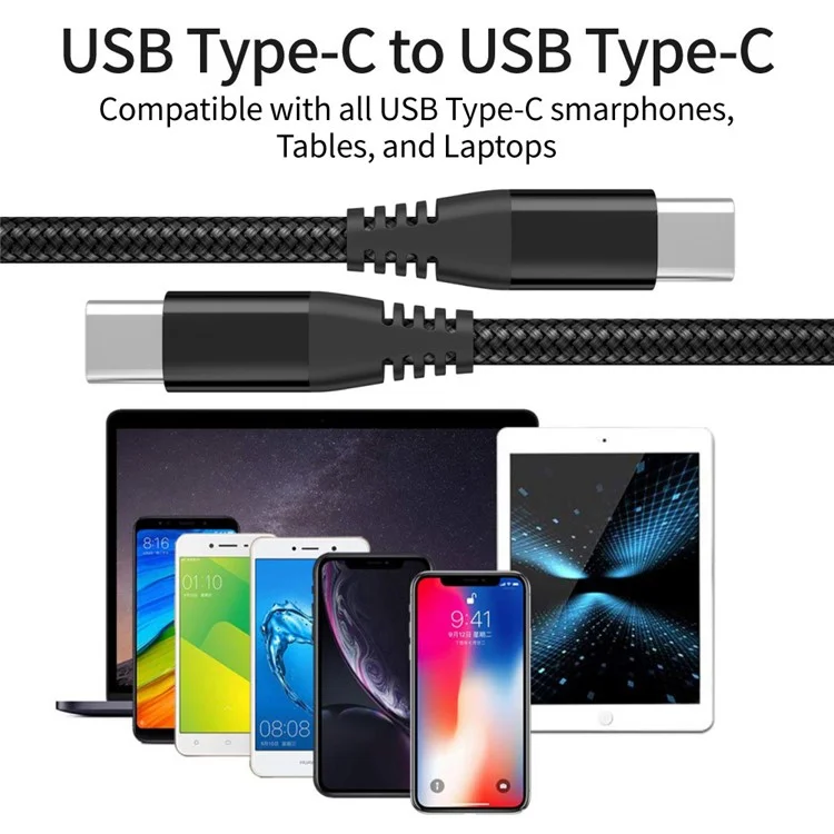 Per iPhone 15 Series 1m Nylon Braided PD 60W Charging Cable Type-C to Type-C USB2.0 Data Cable per cellulari, tablet, laptop - Nero