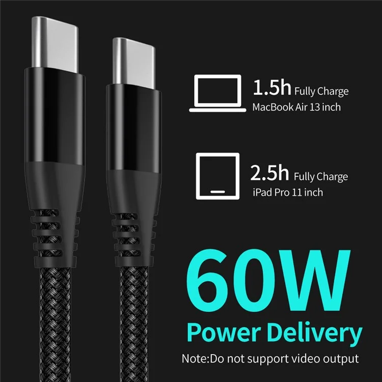 Per iPhone 15 Series 1m Nylon Braided PD 60W Charging Cable Type-C to Type-C USB2.0 Data Cable per cellulari, tablet, laptop - Nero