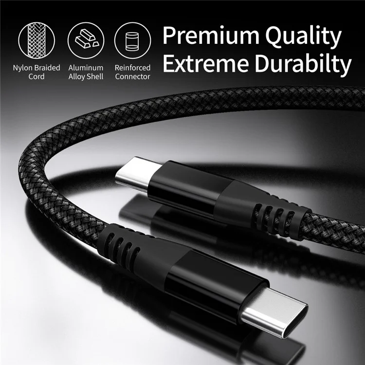Per iPhone 15 Series 1m Nylon Braided PD 60W Charging Cable Type-C to Type-C USB2.0 Data Cable per cellulari, tablet, laptop - Nero