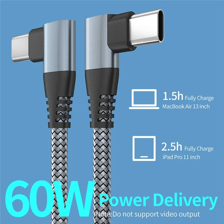 For iPhone 15 Series Dual Angled Type-C PD 60W Fast Charging Cord 3m Nylon Braided USB2.0 Charging Data Cable for Cell Phones, Tablets, Laptops - Grey