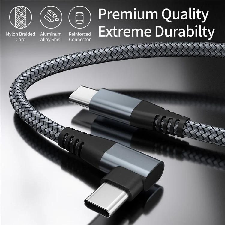 For iPhone 15 Series Dual Angled Type-C PD 60W Fast Charging Cord 3m Nylon Braided USB2.0 Charging Data Cable for Cell Phones, Tablets, Laptops - Grey