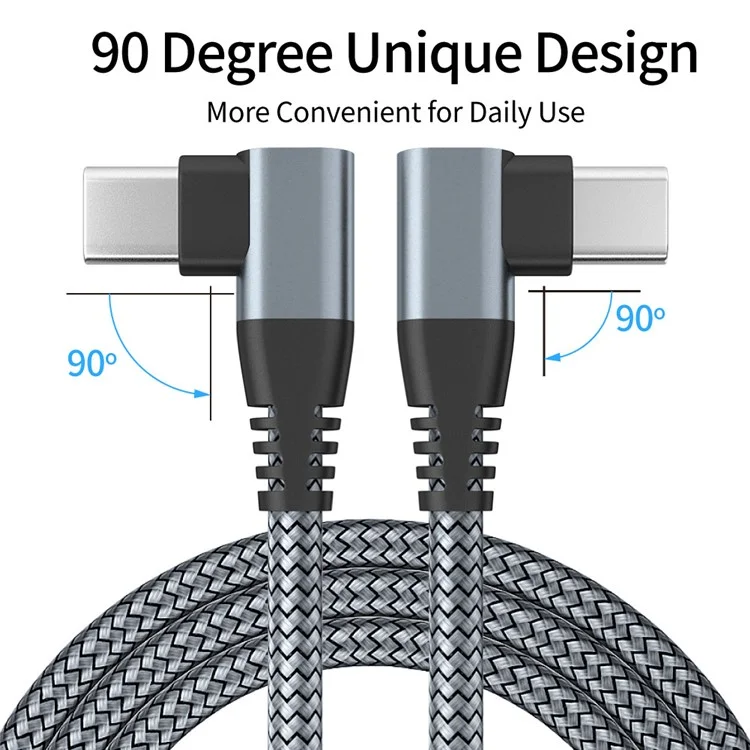 For iPhone 15 Series Dual Angled Type-C PD 60W Fast Charging Cord 3m Nylon Braided USB2.0 Charging Data Cable for Cell Phones, Tablets, Laptops - Grey