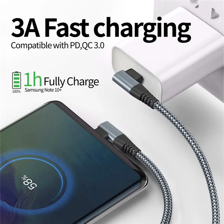 For iPhone 15 Series Dual Angled Type-C PD 60W Fast Charging Cord 3m Nylon Braided USB2.0 Charging Data Cable for Cell Phones, Tablets, Laptops - Grey
