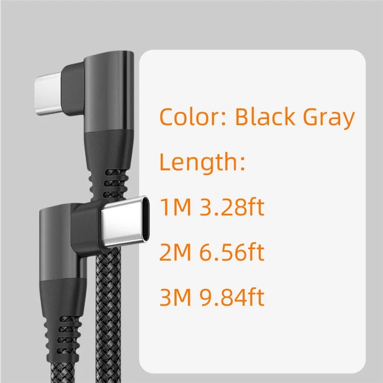 For iPhone 15 Series Dual Angled Type-C PD 60W Fast Charging Cord 3m Nylon Braided USB2.0 Charging Data Cable for Cell Phones, Tablets, Laptops - Grey