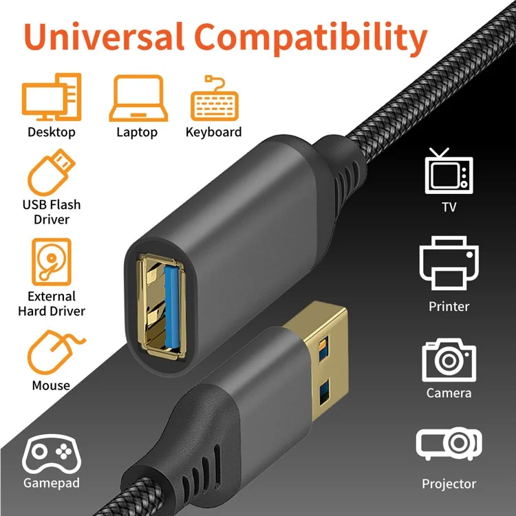 2m USB 3.0 Male to Female 5Gbps Data Cable Nylon Braided Extension Cord - Grey
