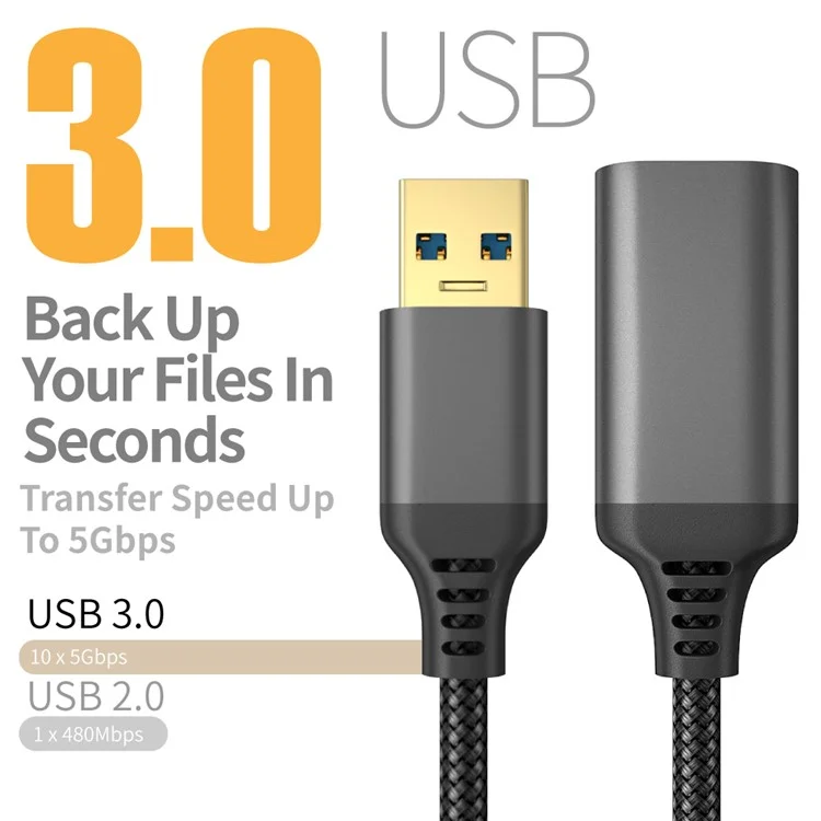 2m USB 3.0 Male to Female 5Gbps Data Cable Nylon Braided Extension Cord - Grey