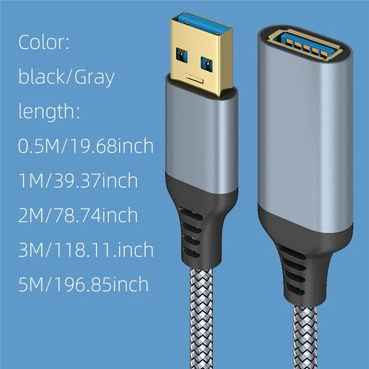 2m USB 3.0 Male to Female 5Gbps Data Cable Nylon Braided Extension Cord - Grey
