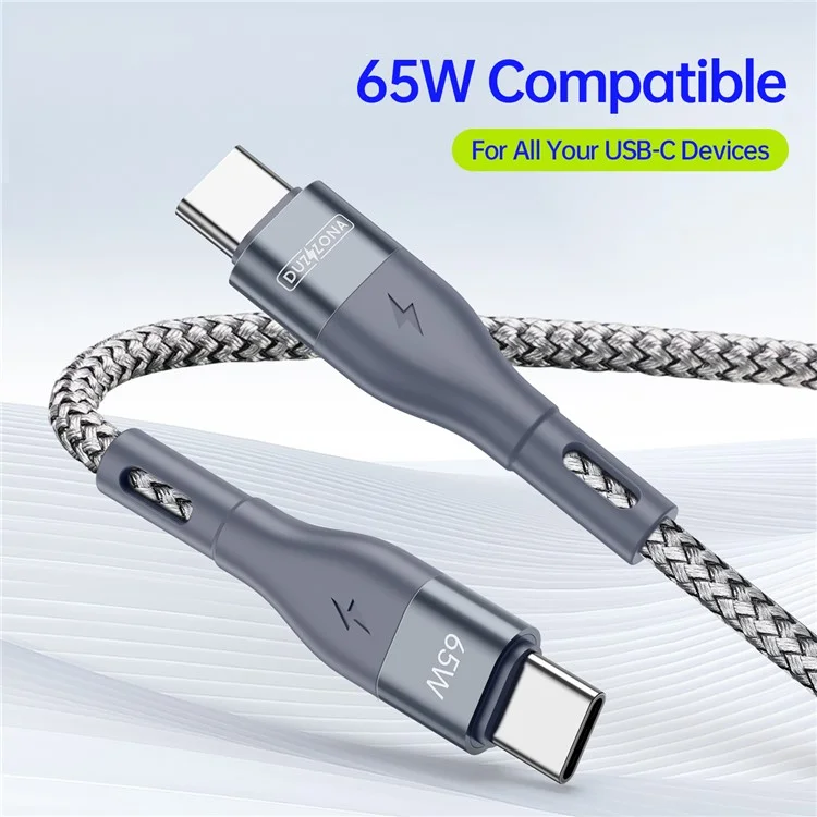 DUZZONA A2 3m PD 65W Fast Charging USB-C a USB-C Cable Trenzado en Nailon Cable de Datos para iPhone Serie 16-15 - Gris