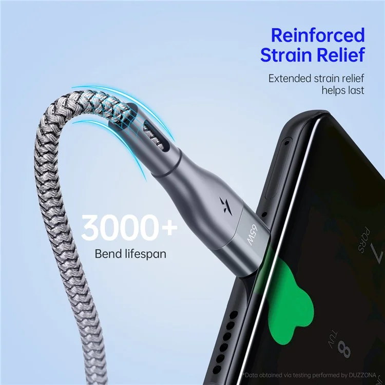 DUZZONA A2 3m PD 65W Fast Charging USB-C a USB-C Cable Trenzado en Nailon Cable de Datos para iPhone Serie 16-15 - Gris