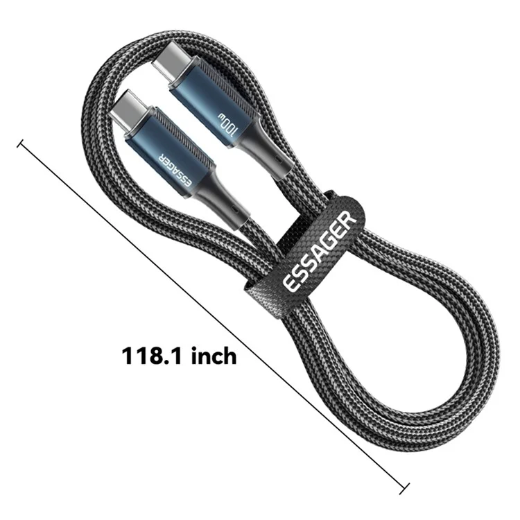 ESSAGER 3m Type-C a Type-C PD 100W Teléfono Tablet Laptop Cable de Carga Rápida Trenzado de Nailon - Negro