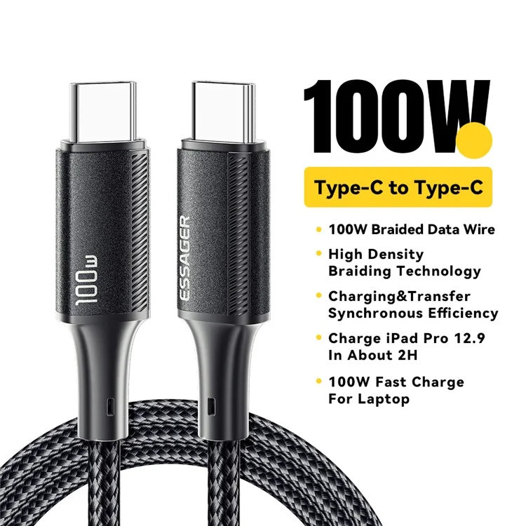 ESSAGER 3m Type-C a Type-C PD 100W Teléfono Tablet Laptop Cable de Carga Rápida Trenzado de Nailon - Negro