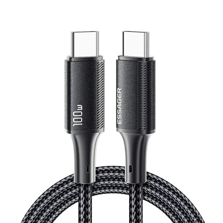 ESSAGER 1m PD 100W Type-C to Type-C Phone Fast Charging Cord Nylon Braided Data Cable - Black