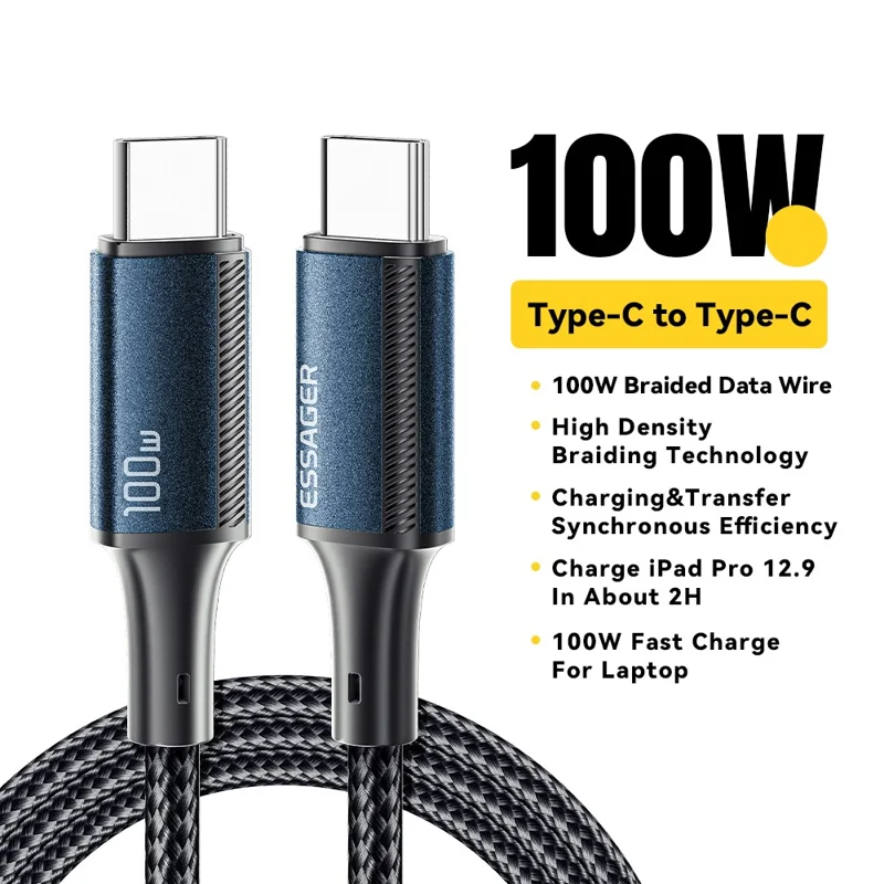 ESSAGER 1m PD 100W Type-C to Type-C Phone Fast Charging Cord Nylon Braided Data Cable - Blue
