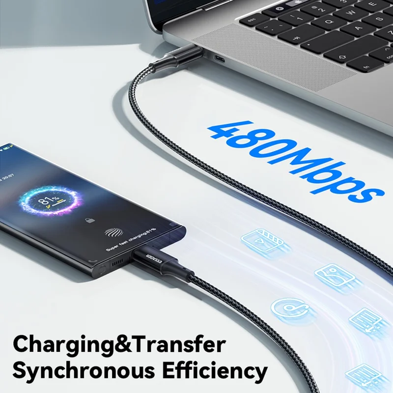ESSAGER Cabo de Carregamento Tipo-C para Tipo-C PD 100W 5A, Trançado em Nylon, Carregamento Rápido para Telefone e Tablet - Azul